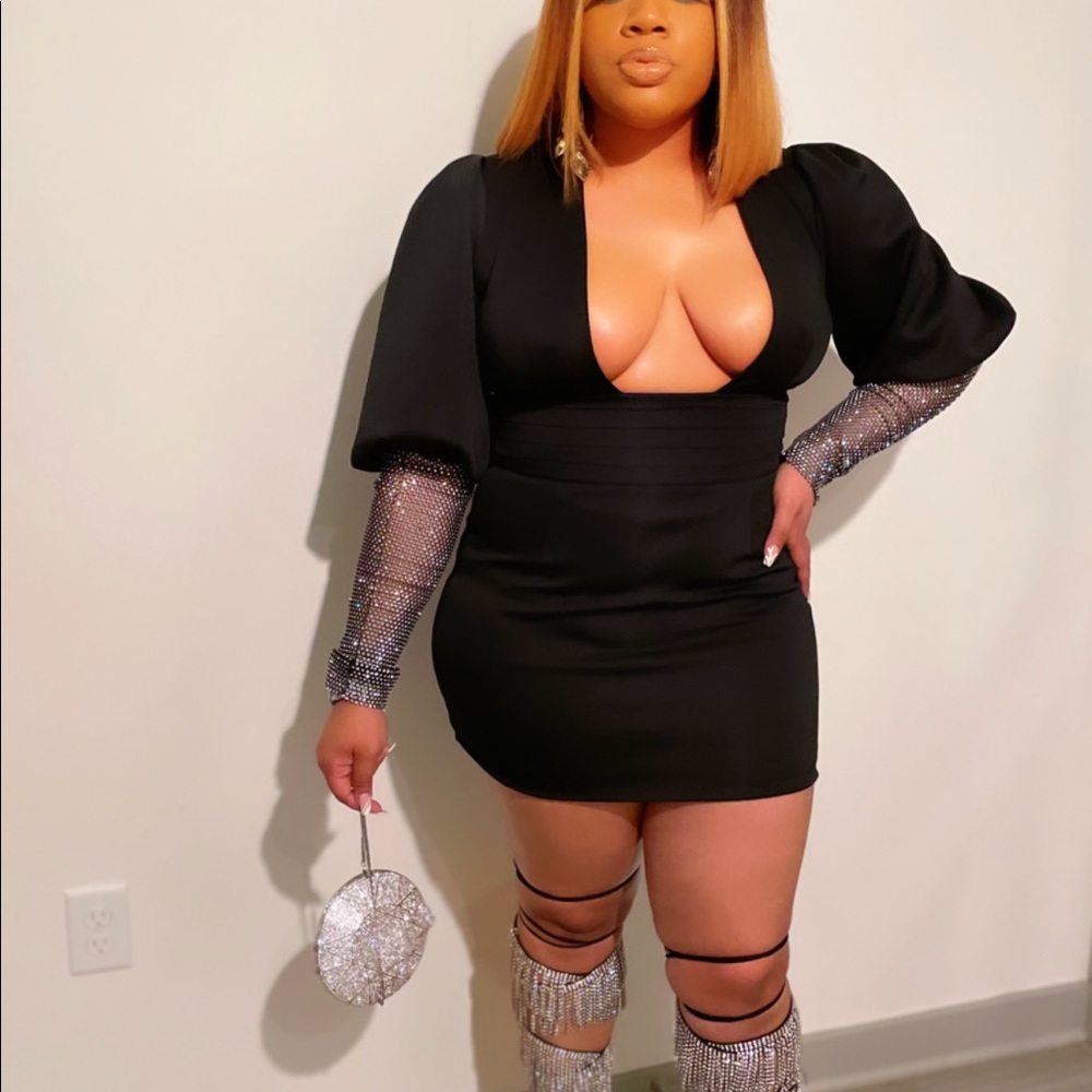 LARGE Black rhinestone sleeve mini dress.